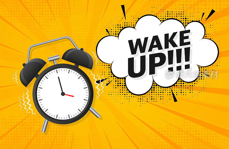 Classic alarm with wake up sign, great design for any purposes. Flat cartoon vector illustration. Sale vector illustration